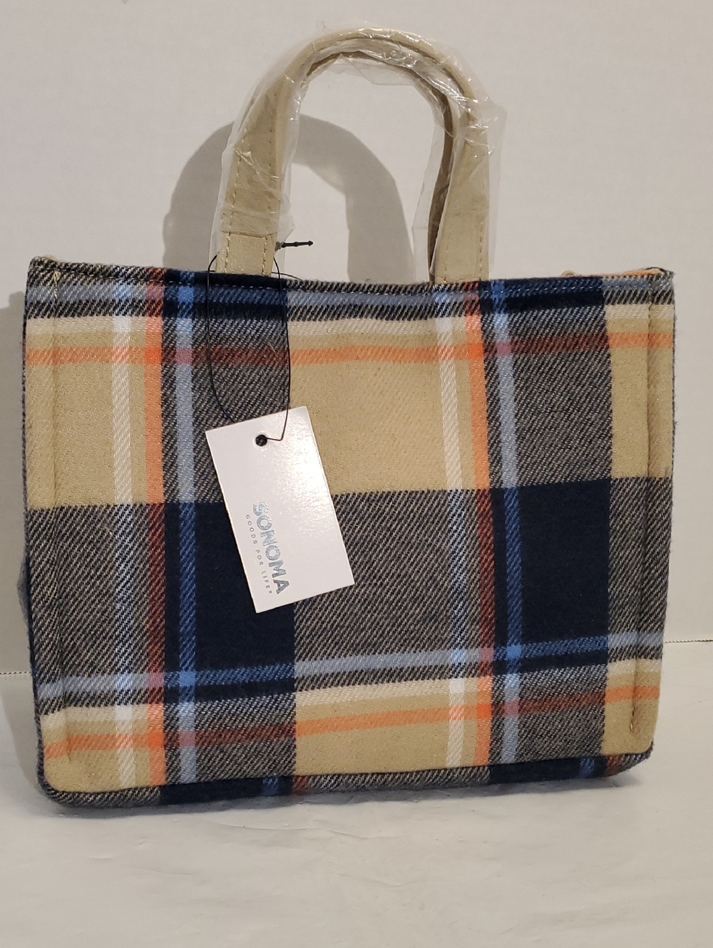 Sonoma Plaid Tote in Navy, Cream, Light Blue, and Orange